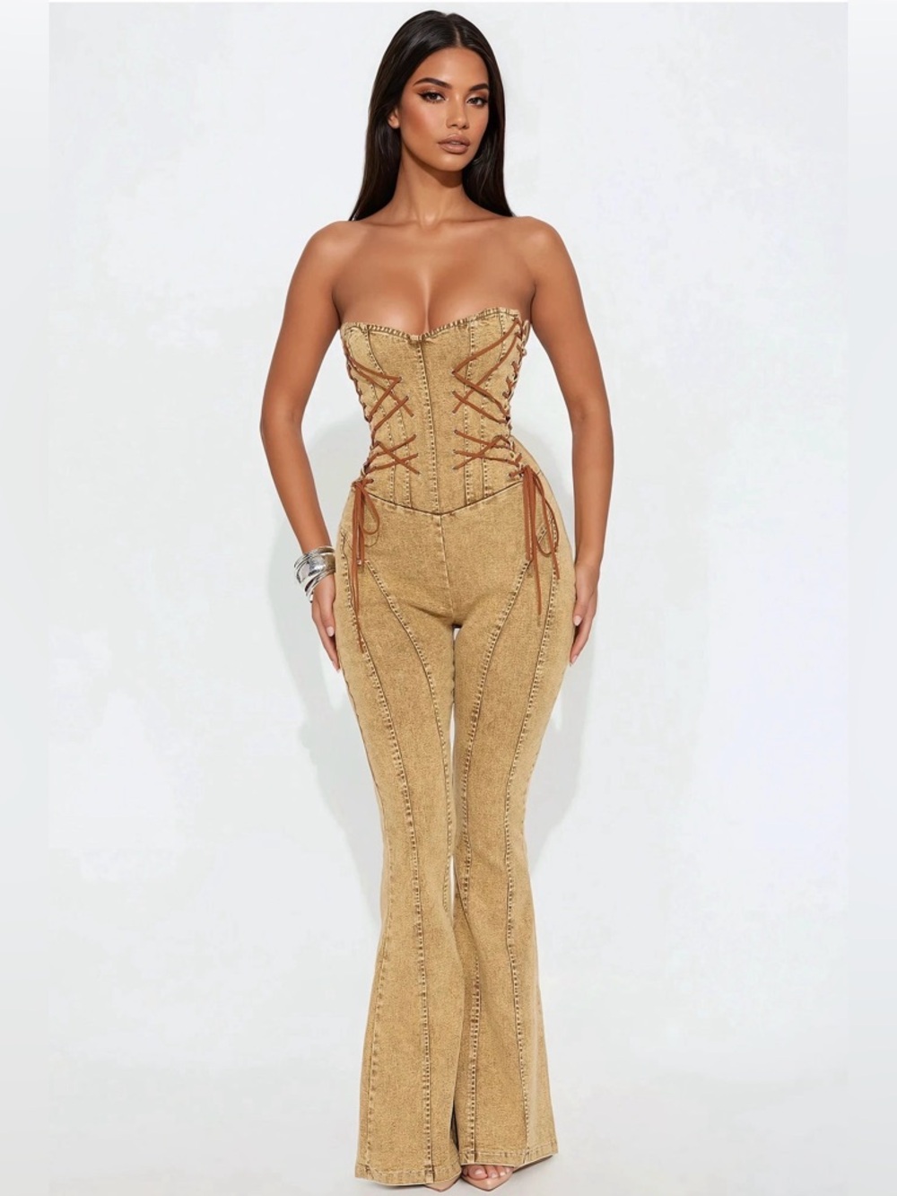 Fashion Nova Strapless Lace-Up Corset Jumpsuit in Tan